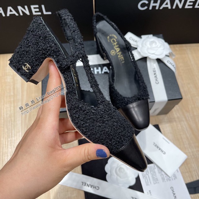 Chanel專櫃經典款女士拼色涼鞋 香奈兒時尚slingback拼色涼鞋平跟鞋中跟鞋 dx2580